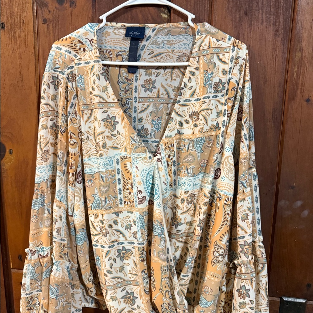 Anthropologie Patchwork V-Neck Blouse - Cream and Tan